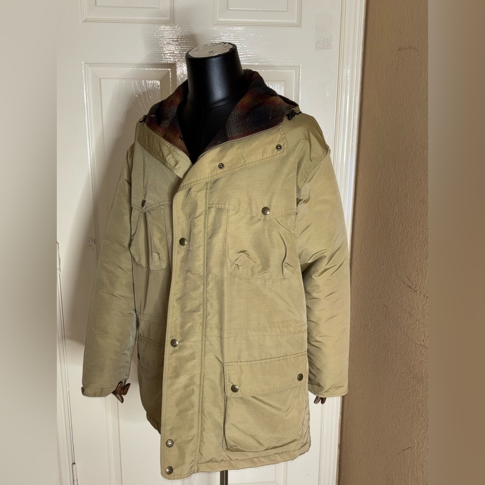 Vintage Woolrich Tan Hooded Zip Plaid Lined Chore Utility Coat Jacket L​​